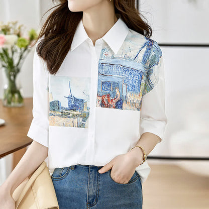 Vintage Painting Blue House Shirt