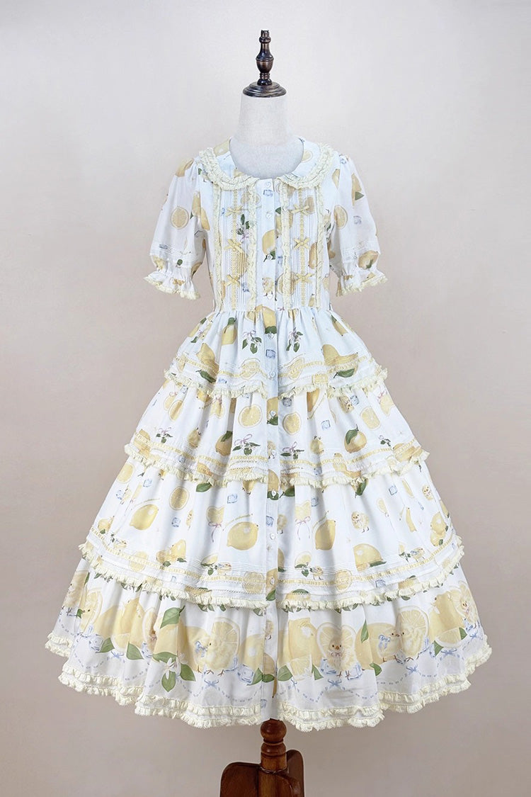 Triple-Layered Print Ruffled Bow Lace Sweet Gorgeous Lolita Dress - White Lemon Chicken