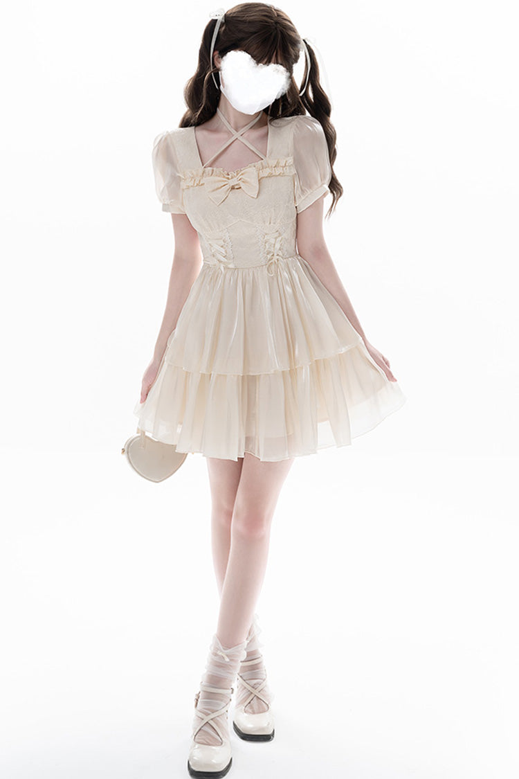 Apricot Prussian Legend Short Sleeves Multi-Layered Jacquard Ruffle Bow Sweet Dress