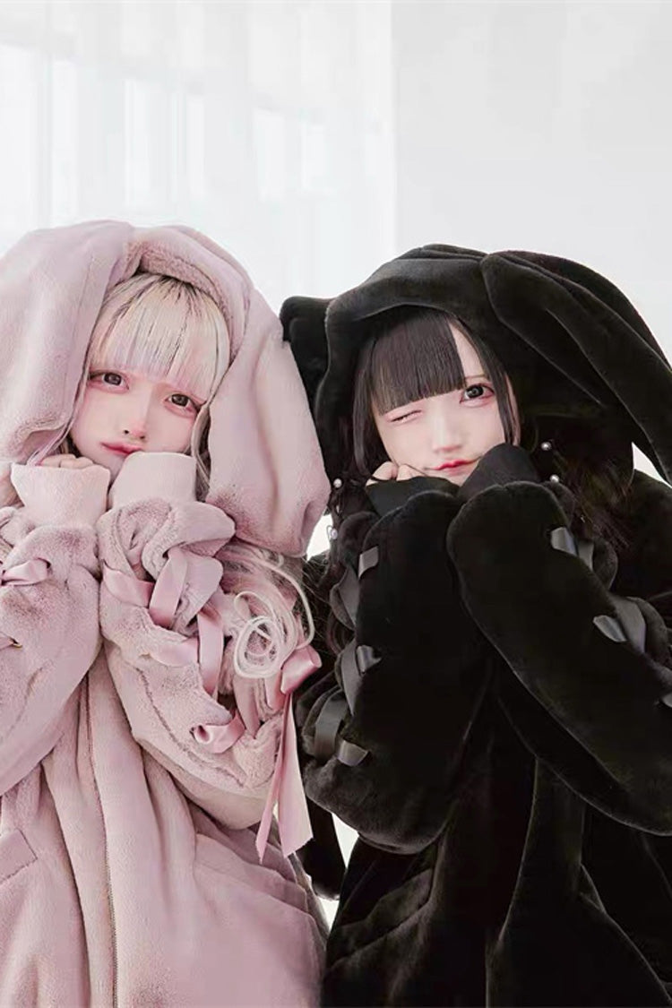 Rabbit-Ear Hooded Bow Lace-Up Long-Sleeve Noir Coat