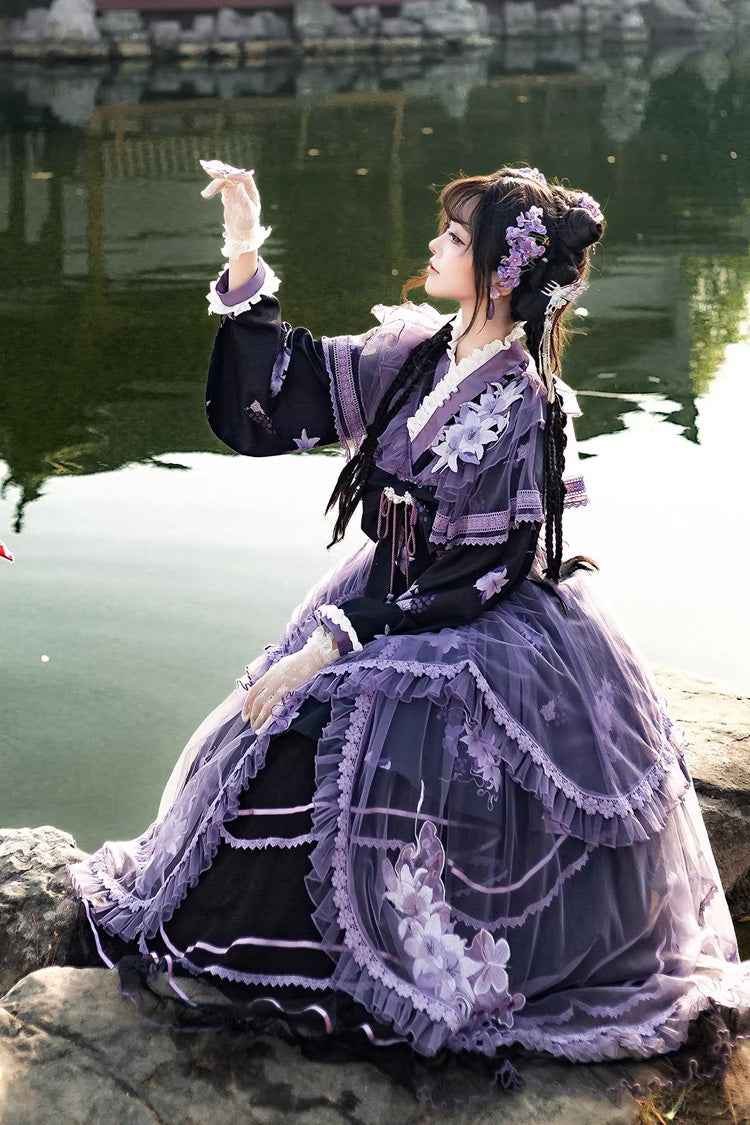 Stand Collar Long Sleeves Ruffled Embroidered Bow Classic Chinese Elegant Lolita Dress Set