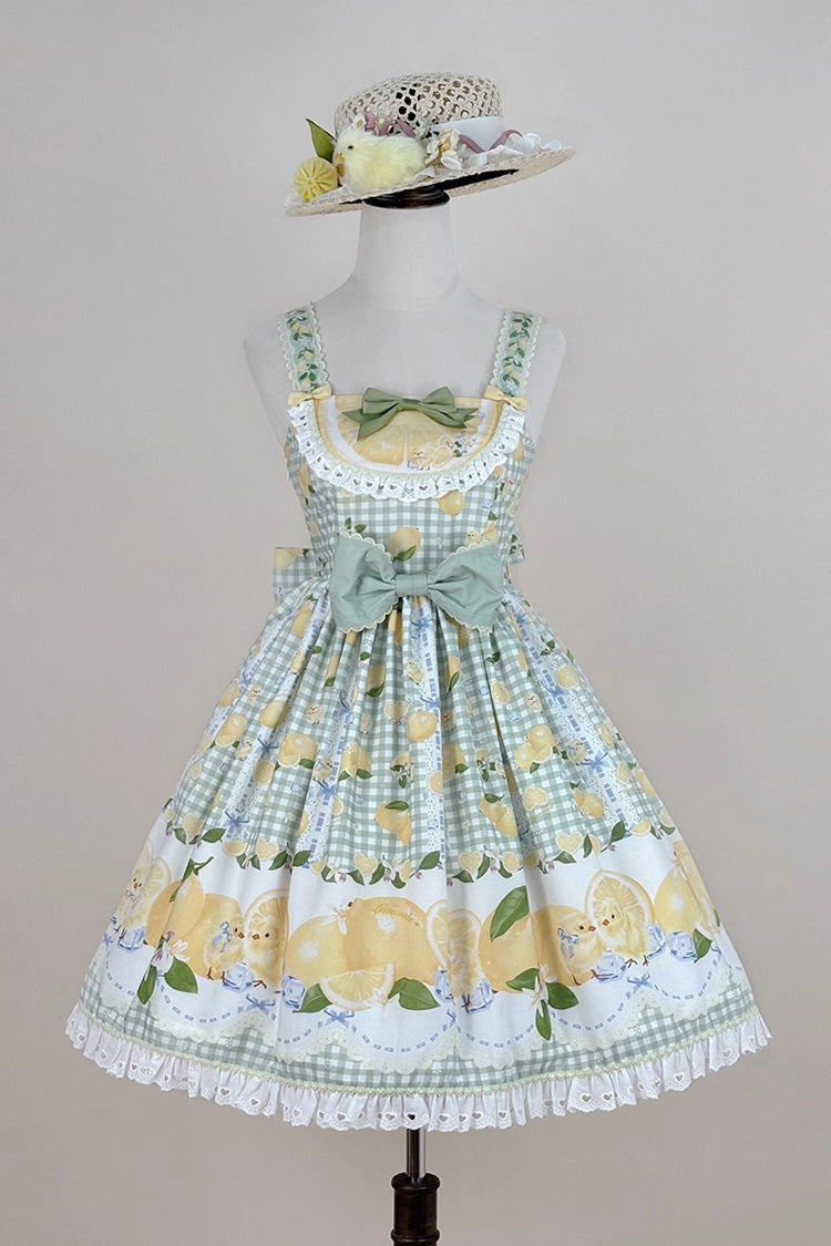 Verdant Printed Ruffle Bow Lace Sweet Jumper Dress - Lemon Chicken