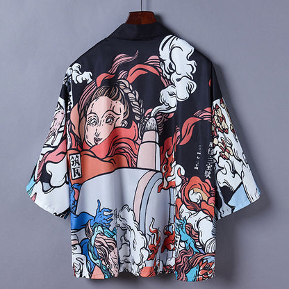 Cartoon Fire Print Casual Vintage Kimono Outerwear