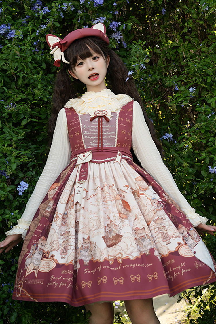 Wine Red Fox Print Square Collar Bowknot Classic Lolita Jumper