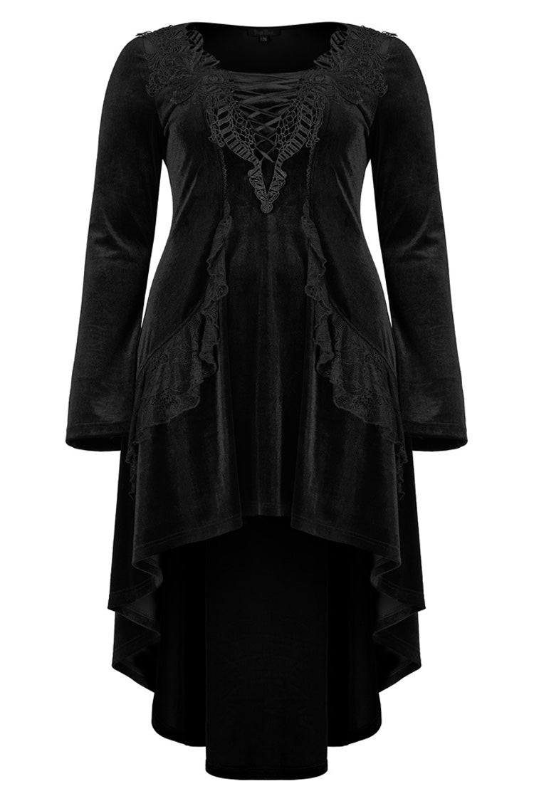Gothic Velvet Embroidered Jacquard Neckline Trumpet Sleeve Asymmetric Dress