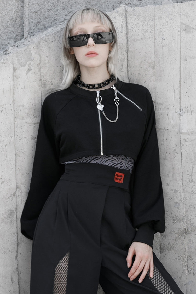 Noir Double Zipper Round Collar Long-Sleeve Gothic Coat for Women