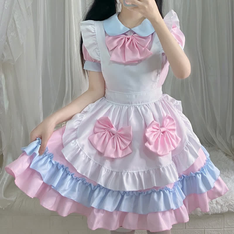 Sweet Pink Bow Knot Ruffled Maid Lolita Dress