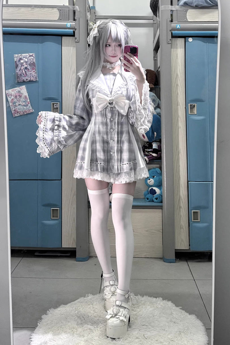 Square Collar Long Sleeves Bow Lace Pearl-Decorated Sweet Jirai Kei Dress and Short Set