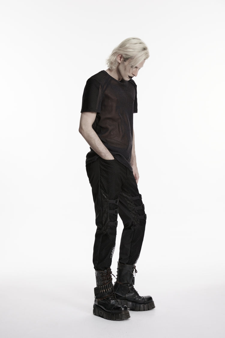 Noir Punk Pants with Buckle Straps and Mesh Detailing