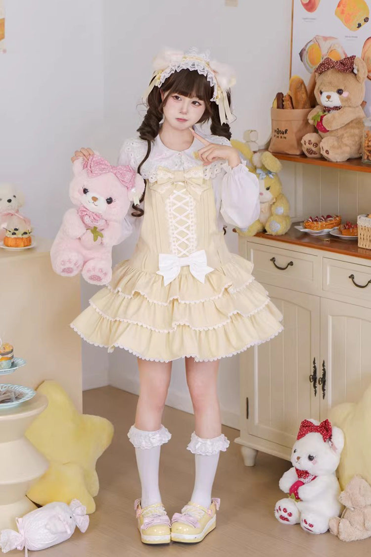 Yellow Nostalgic Showa Custard Cream Puff Sleeveless Triple-Layered Ruffled Bow Lace-Up Tiered Cake Sweet Jsk Dress