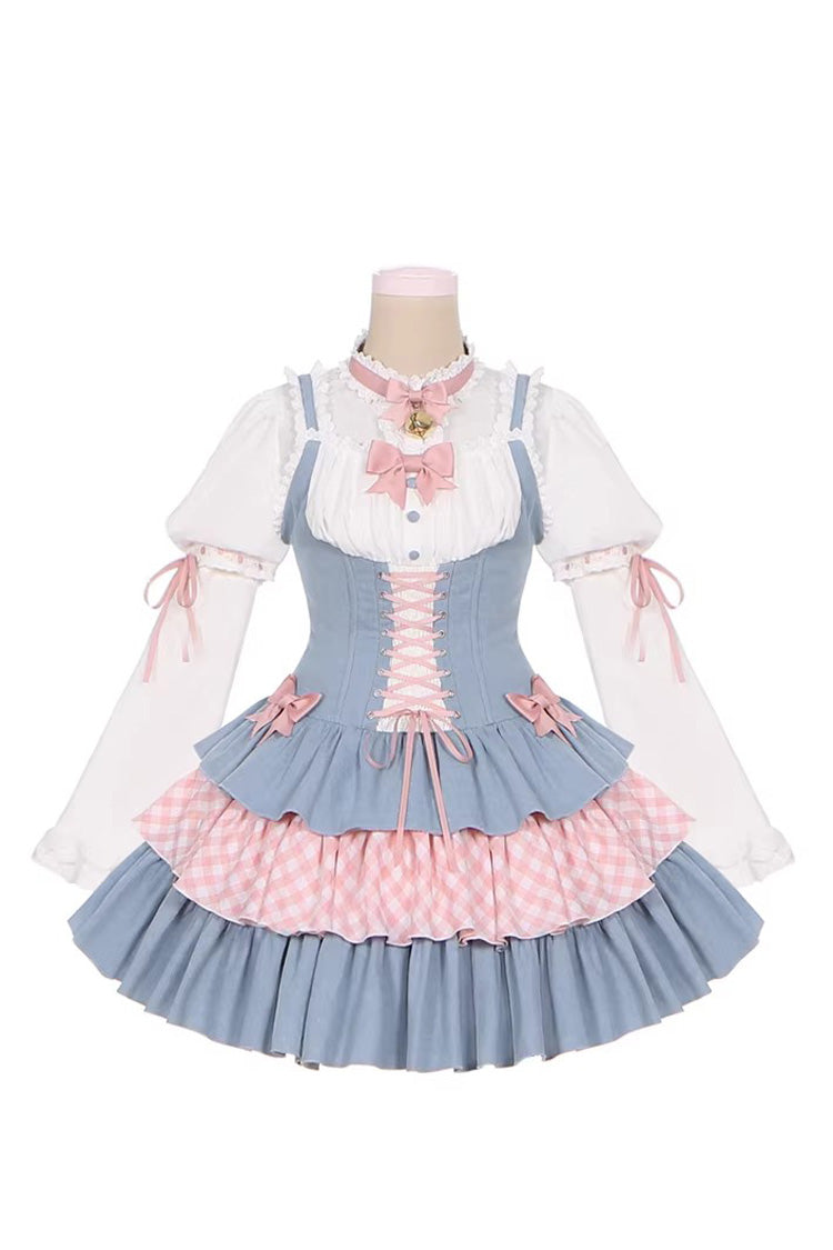 Blue Pink Rock Ballet Printed Triple-Layered Ruffled Bow Lace-Up Sweet Jsk Dress