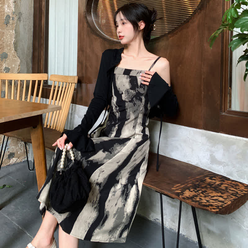 Elegant Black Short Cardigan Ink Painting Print Slip Dress