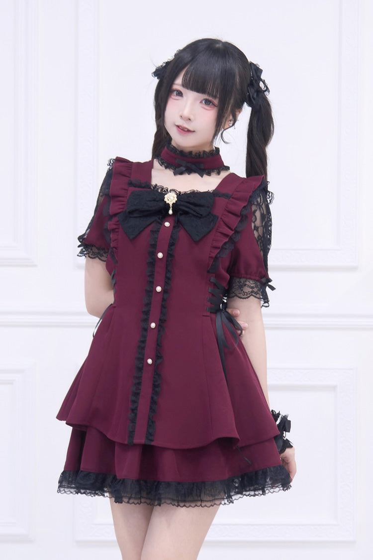 Red Short Sleeve Ruffled Bow Gothic Jirai Kei Dress Set