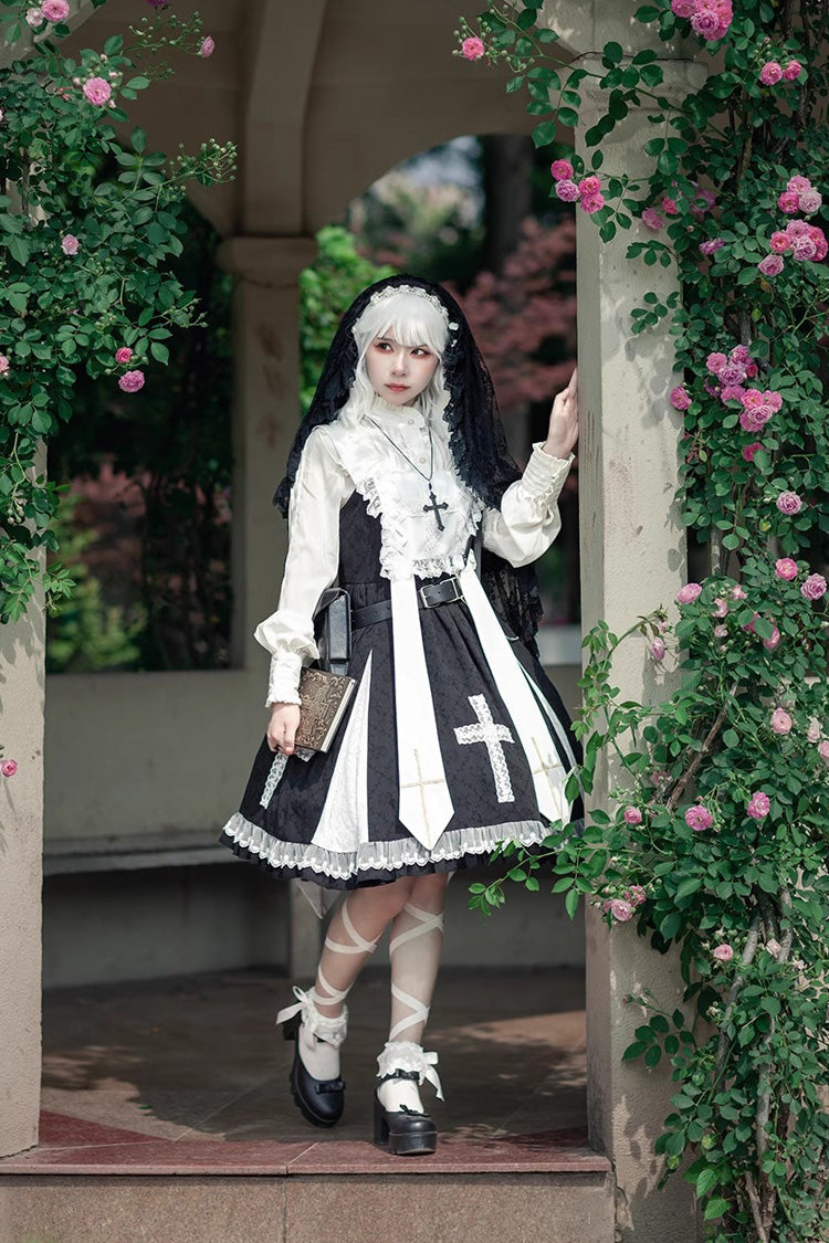 Black Gothic Lolita Dress with Cross Print and Ruffled Sleeveless