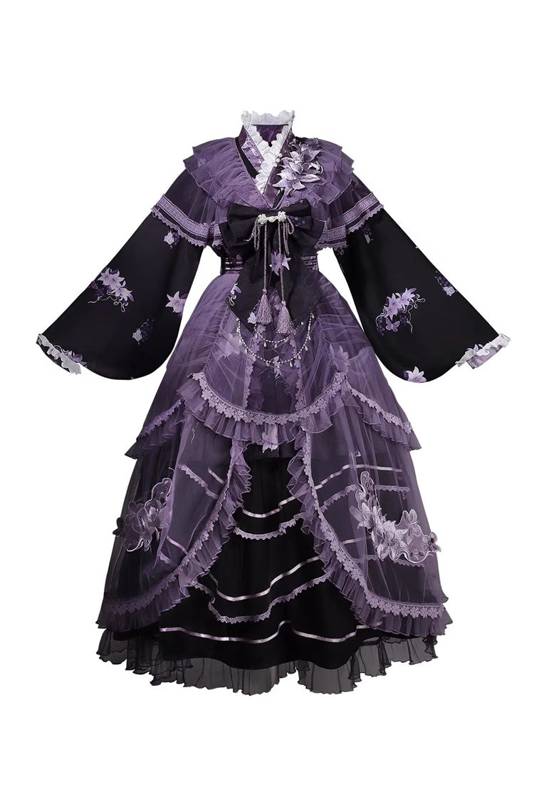 Stand Collar Long Sleeves Ruffled Embroidered Bow Classic Chinese Elegant Lolita Dress Set