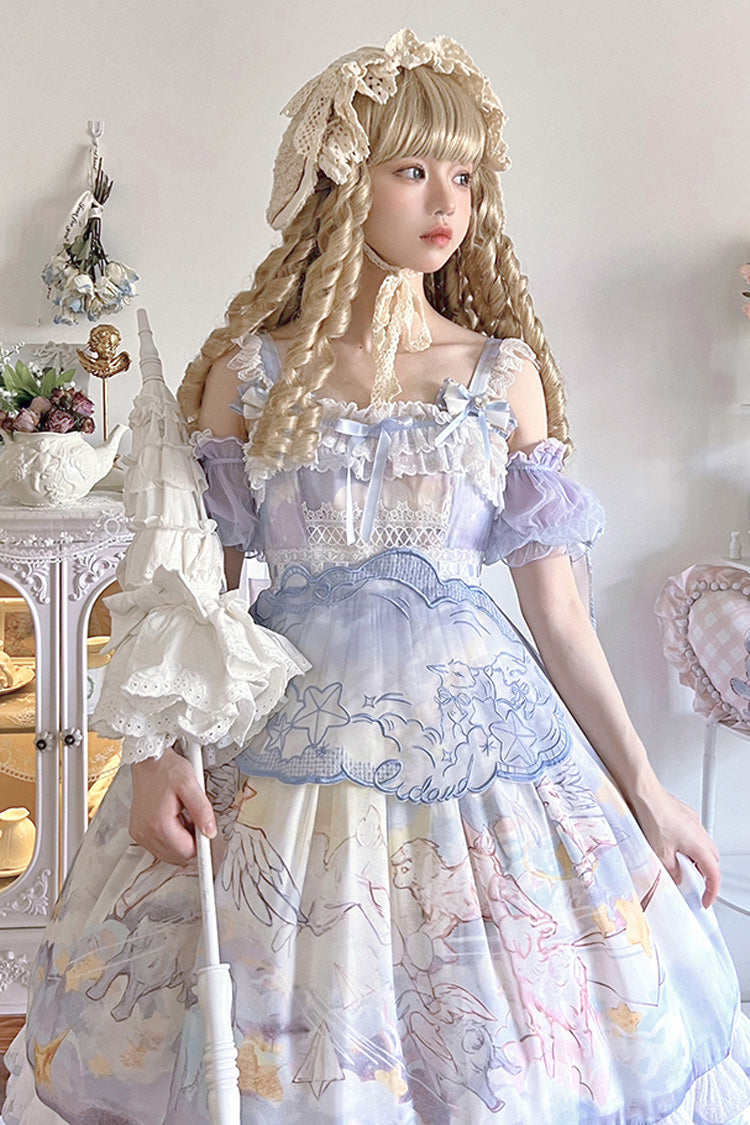 Cloud Walk Print Ruffled Bow Lace Sweet Lolita Jumper Dress Complete Set