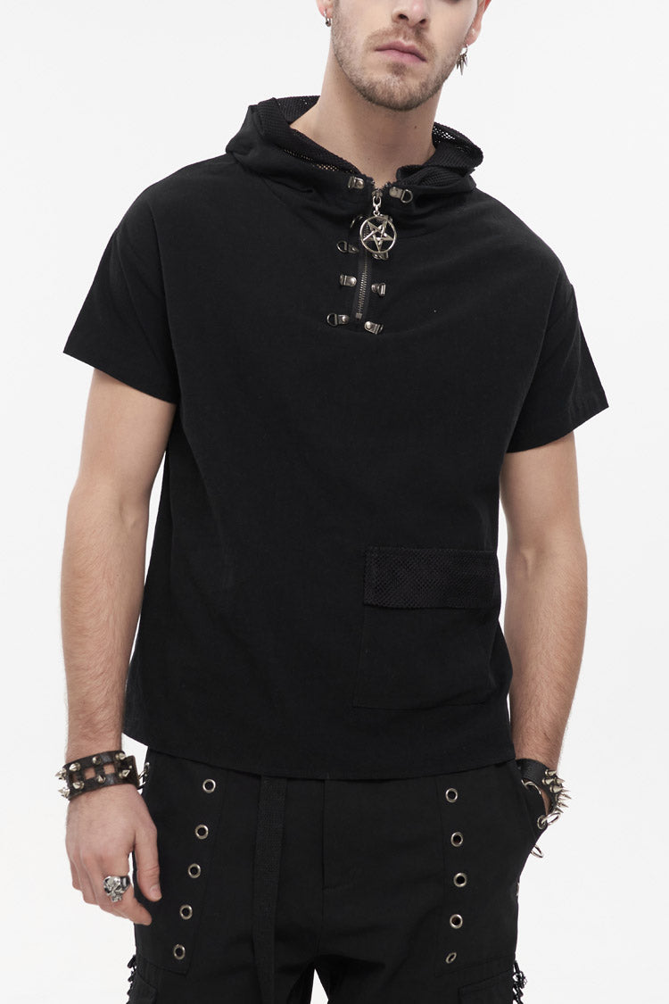 Men's Punk T-Shirt with Hooded Mesh Splice Zipper Back Openwork Lace-Up Casual Short Sleeve