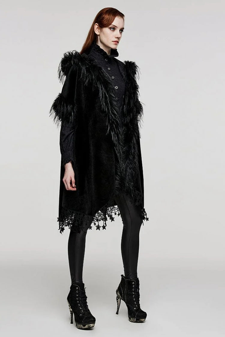 Elegant Gothic Hooded Cloak with Bat Sleeves, Tassels, Faux Fur and Lace Trim