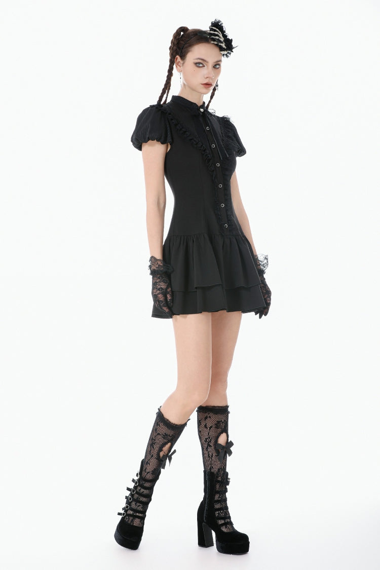Black Short Sleeves Pleated Bow-Trim Lace Lace-Up Women's Lolita Gothic Dress