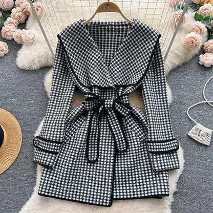 Elegant Print Sailor Collar Belted Coat