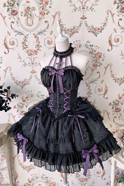 Purple-Trimmed Sleeveless Bow Ruffled Layered Lolita Gown