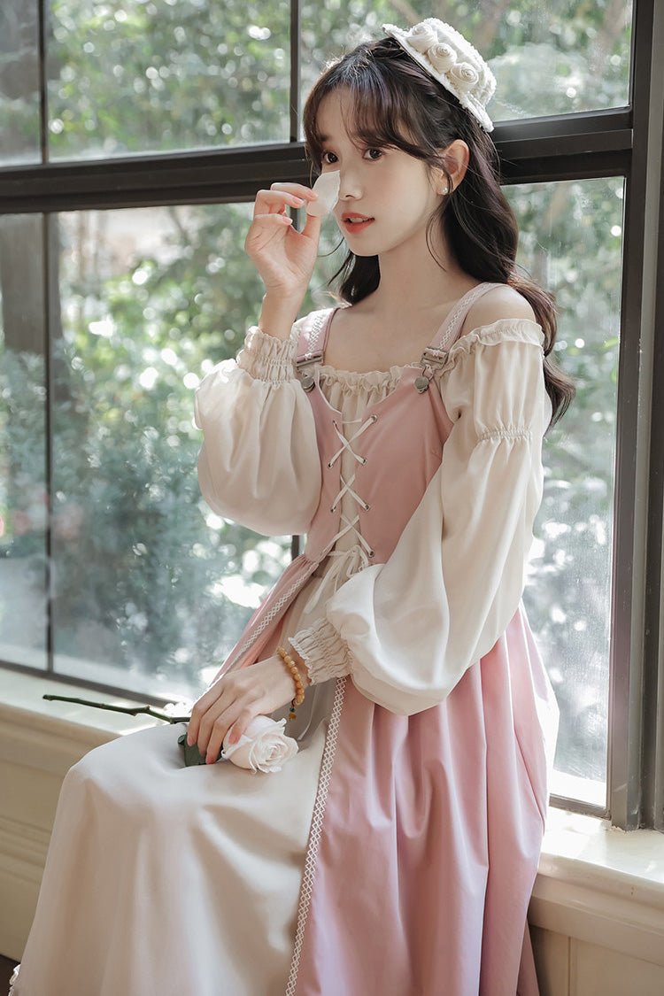 Square Collar Lolita Two-Piece with Lace-Up & Ruffled Details