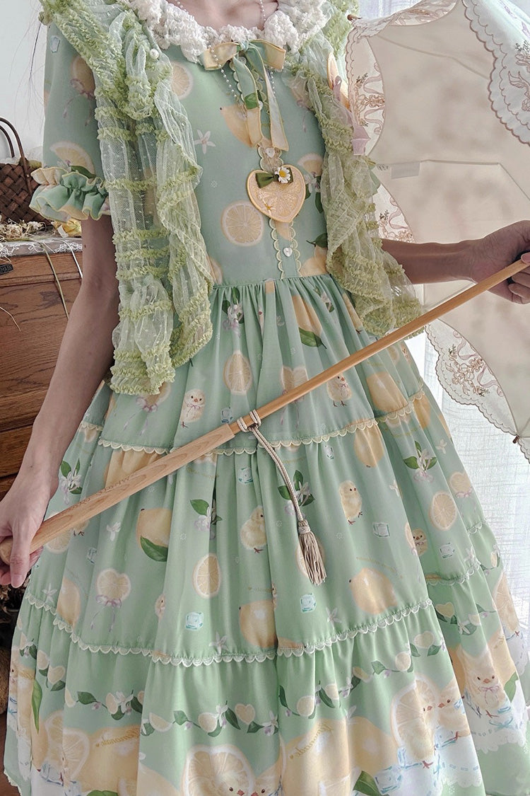 Verdant Short Sleeve Printed Ruffle Bow Lace Daily Sweet Dress - Lemon Chicken