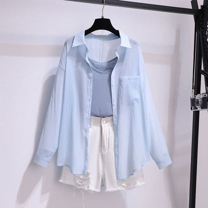 Blue Lapel Shirt Cami Top Ripped Denim Shorts