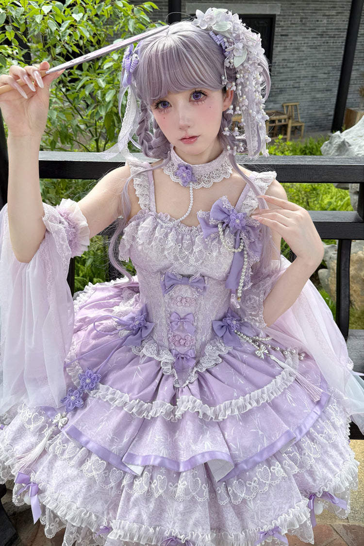 Purple [Prelude of Spring Cherry] Square Collar Sleeveless Multi-Layered Jacquard Ruffled Bow Lace Pearl-Decorated Sweet Lolita Jsk Dress