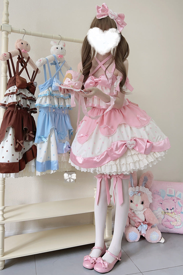 Pink Cream Polka Dot Ruffled Bowknot Sweet Lolita Jumper Dress
