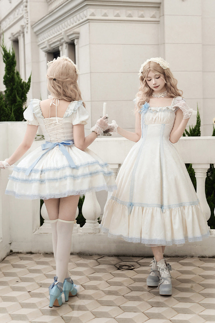 Ivory Square Collar Flutter Sleeve Ruffle Fishbone Sweet Long Jumper - Sea Salt Iced Tea