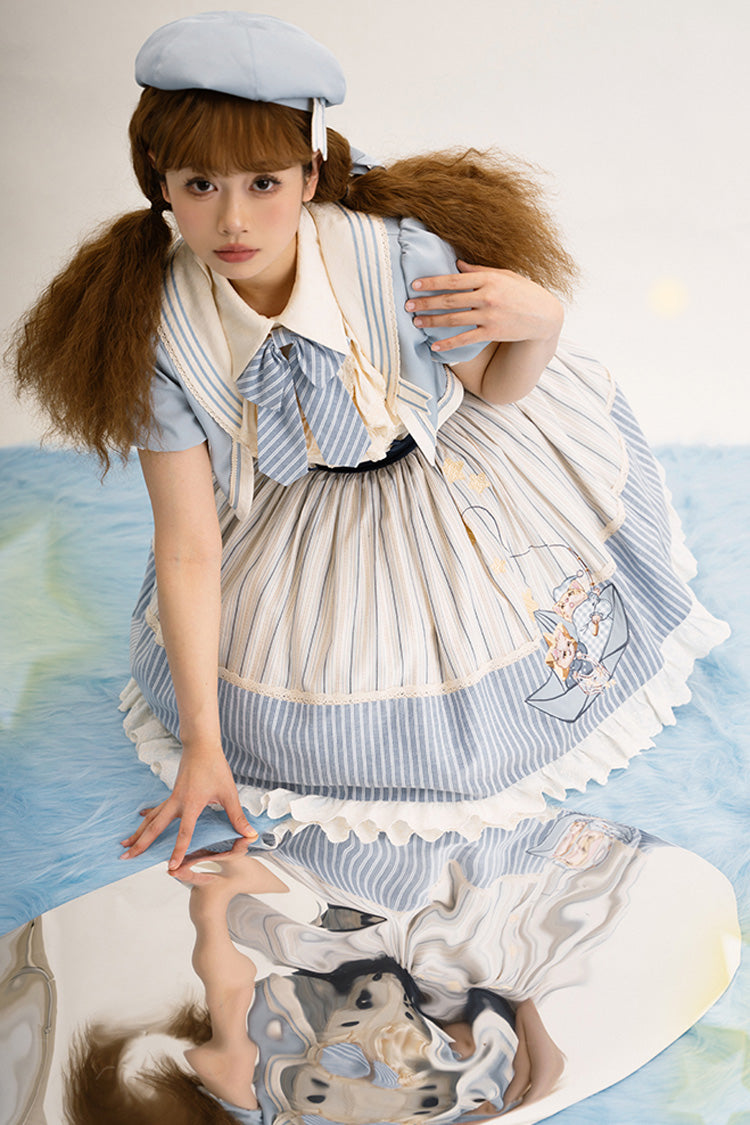 Navy Star-Print Ruffle Sleeveless Bowknot Sweet Lolita Dress