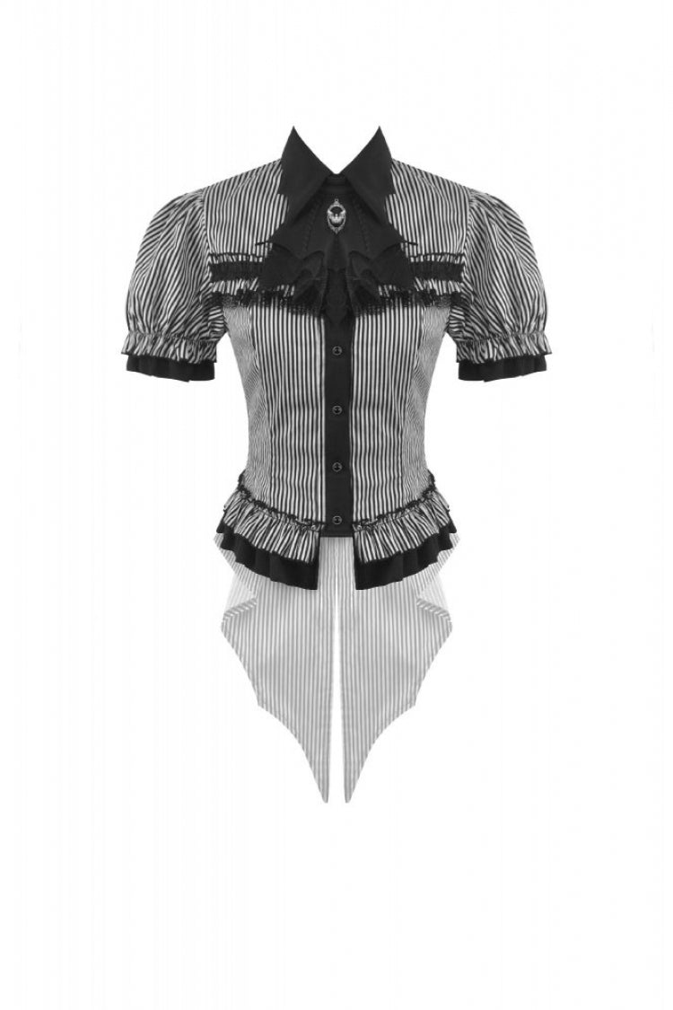 Monochrome Preppy Swallow-Tailed Blouse with Pinstripes and Detachable Tie