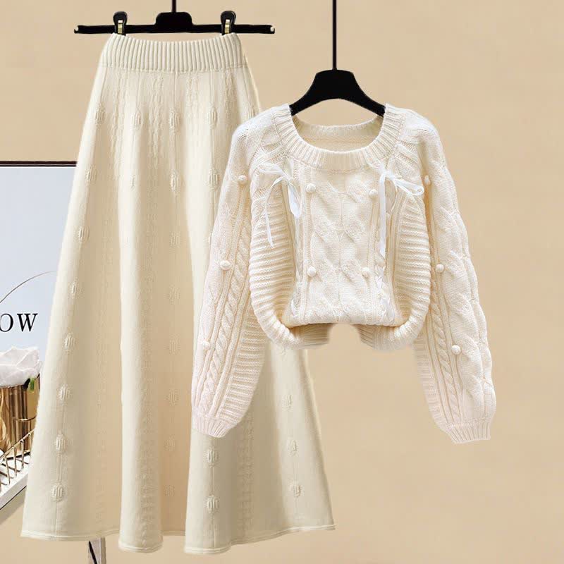 Pills Decor Cable Knit Sweater Skirt Set