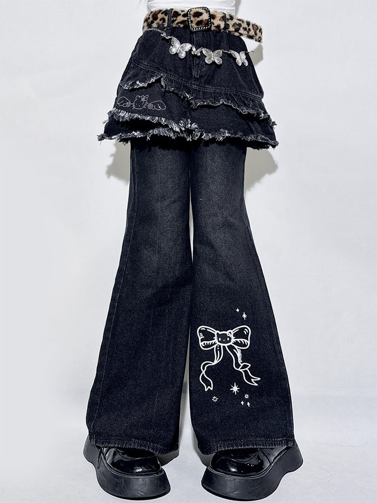 Black Bowknot Distressed Hem Flared Pants