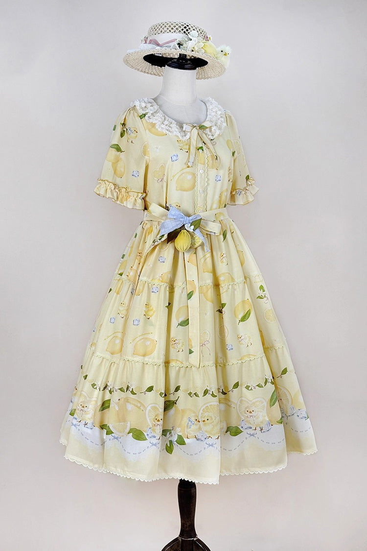 Lemon Chicken Print Short Sleeve Ruffled Bow Lace Daily Sweet Lolita Dress - Yellow