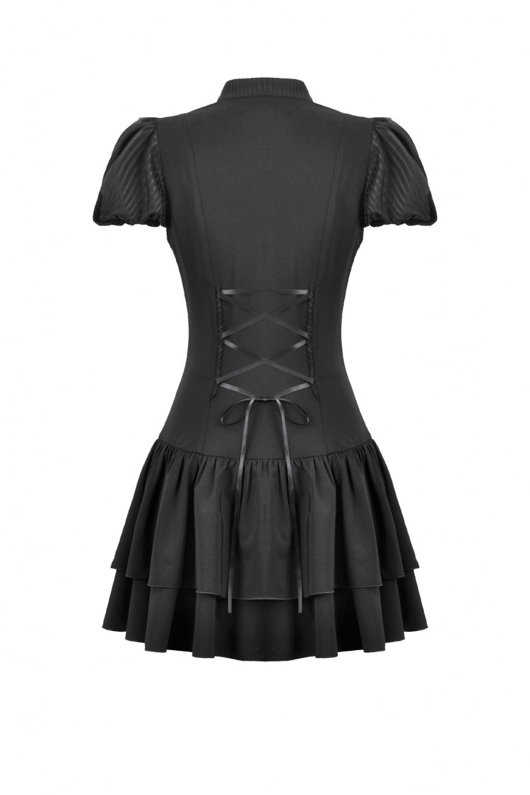Black Short Sleeves Pleated Bow-Trim Lace Lace-Up Women's Lolita Gothic Dress