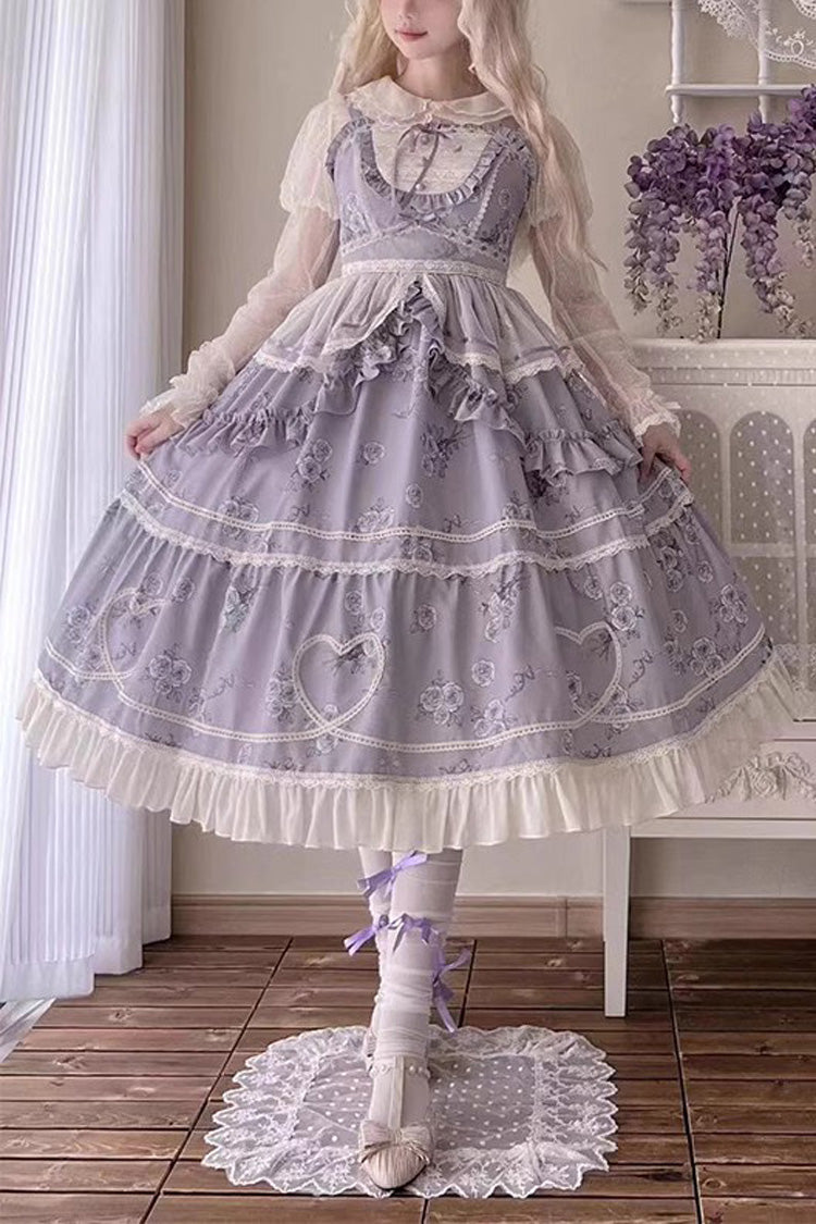 Rose Print Sweet JSK Dress with Puff Sleeves - Lolita