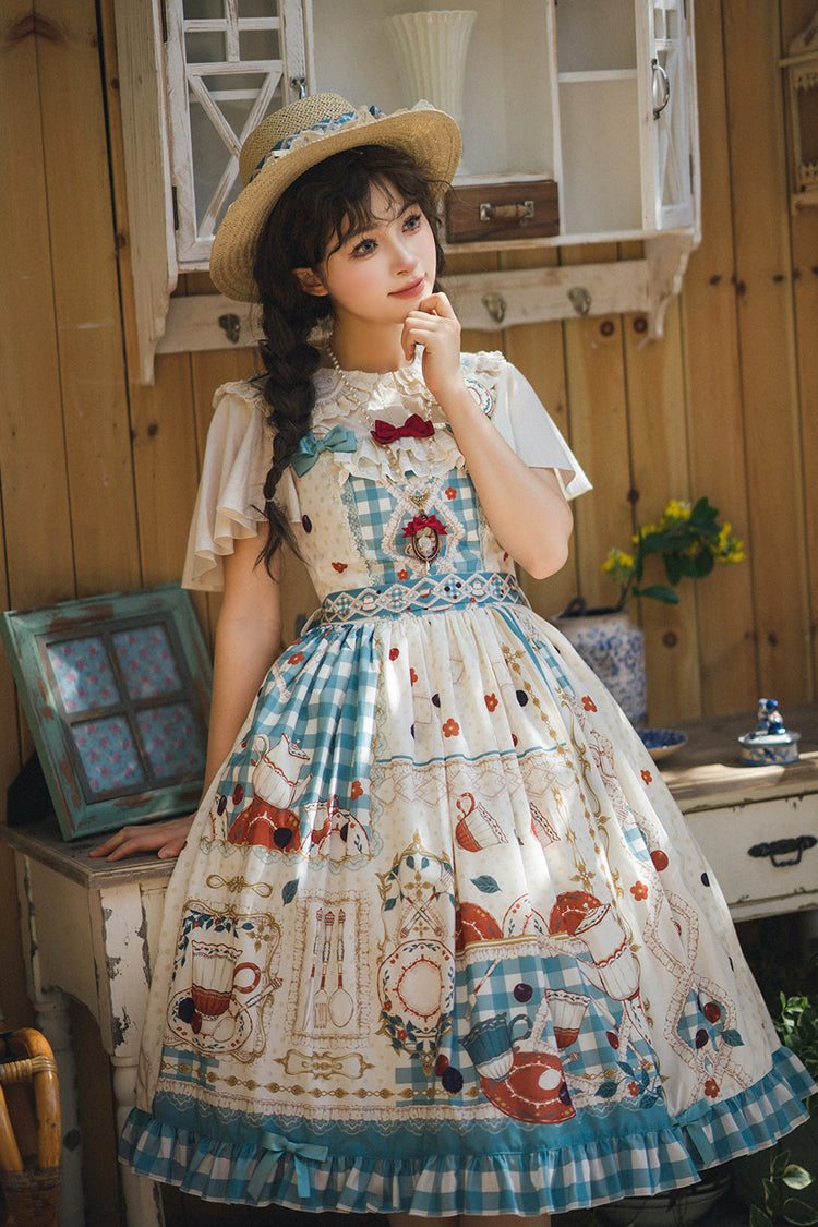 Tea Party Print Ruffle Bowknot Elegant JSK Dress