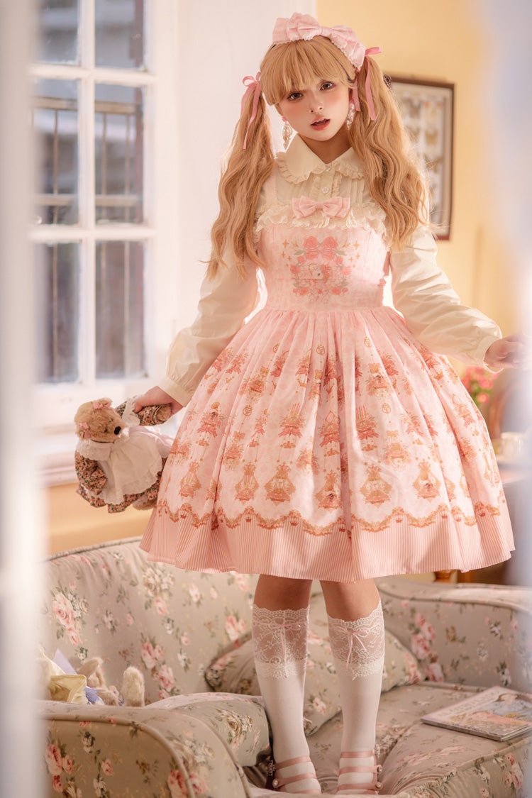 Pink Rose Print Bowknot Sweet Lolita Dress