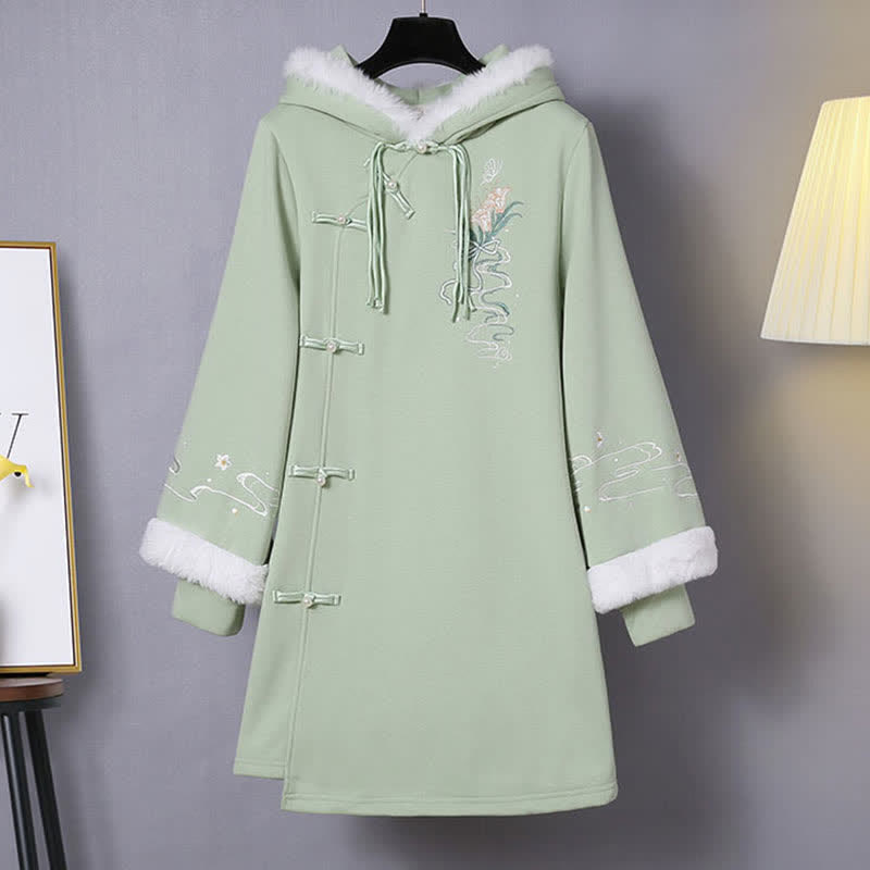 Delicate Flower Embroidery Buckle Plush Hooded Sweatshirt Dress