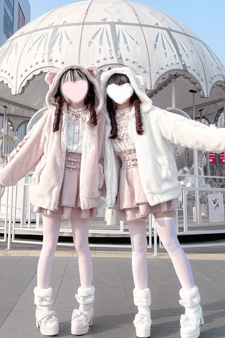 Bear Ears Long Sleeves Bow Lace-Up Hooded Zippered Sweet Jirai Kei Coat