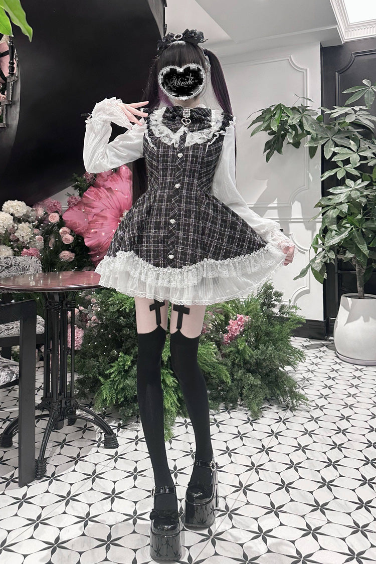 Plaid Printed Ruffled Bow Lace Sweet Jirai Kei Japanese Dress Shorts Set