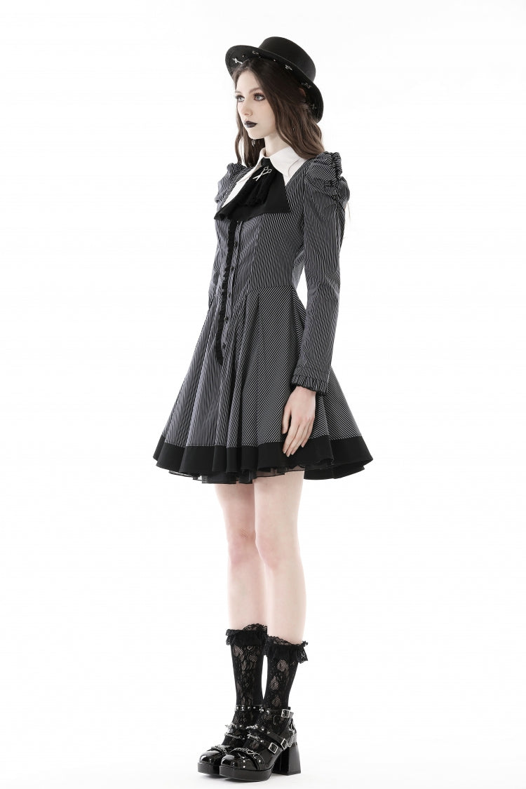 Black/White Notch Collar Puff Sleeve Gothic Striped Preppy Dress