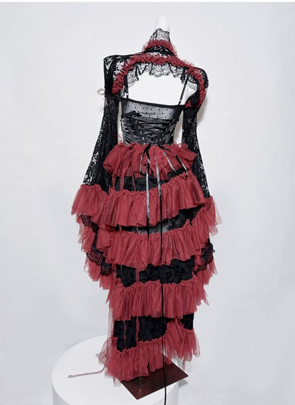 Black&Red Gothic Set- Cami Top+Lace Bell Sleeves Bolero Beaded Chain Tiered Skirt