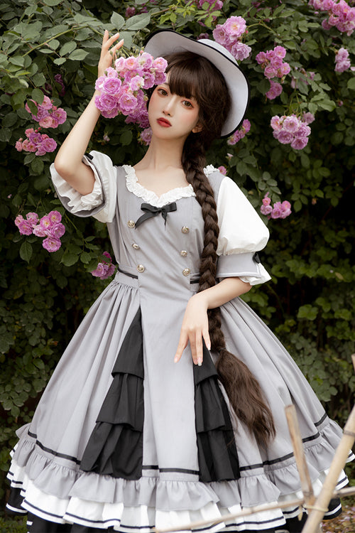 Ash High-Waisted Layered-Hem Ruffled Round-Collar Lolita Gown