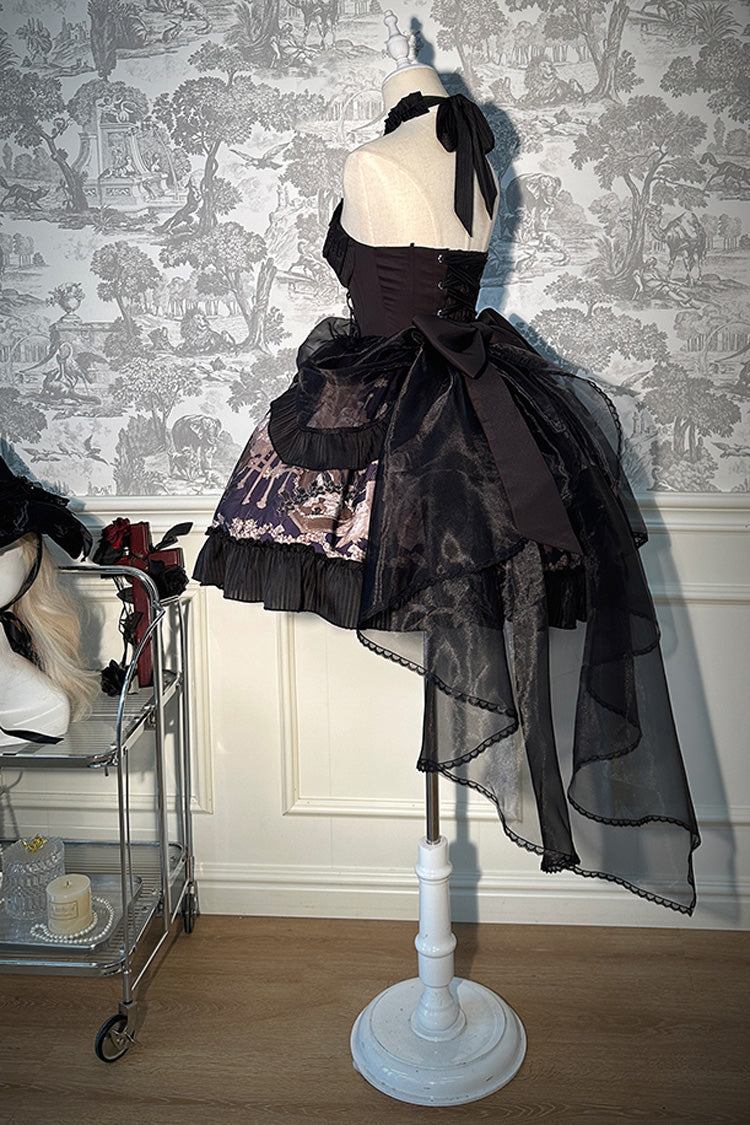 Noir Halter Neck Printed Ruffle Bow Drawstring Gothic Dress - The Mystery of The Doll