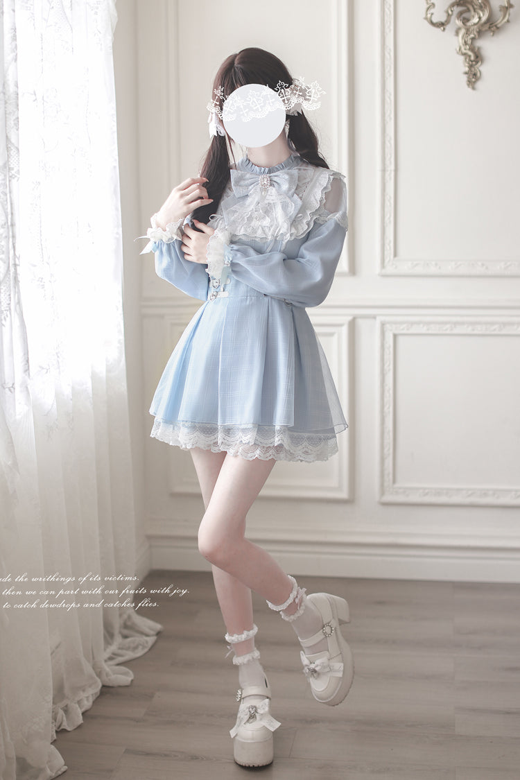 Aqua Long Sleeve Bow Lace Sweet Jirai Kei Dress