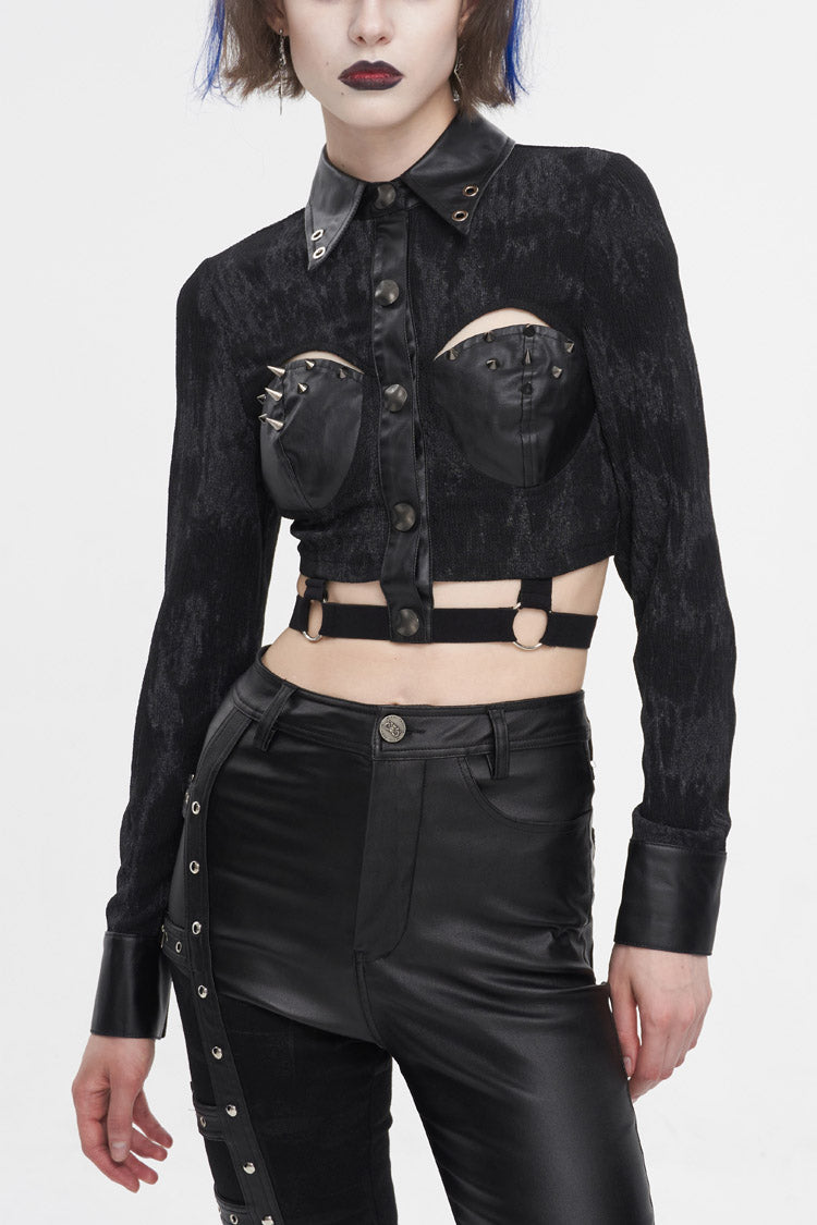 Studded Punk Shirt with Cutout and Turn Down Collar
