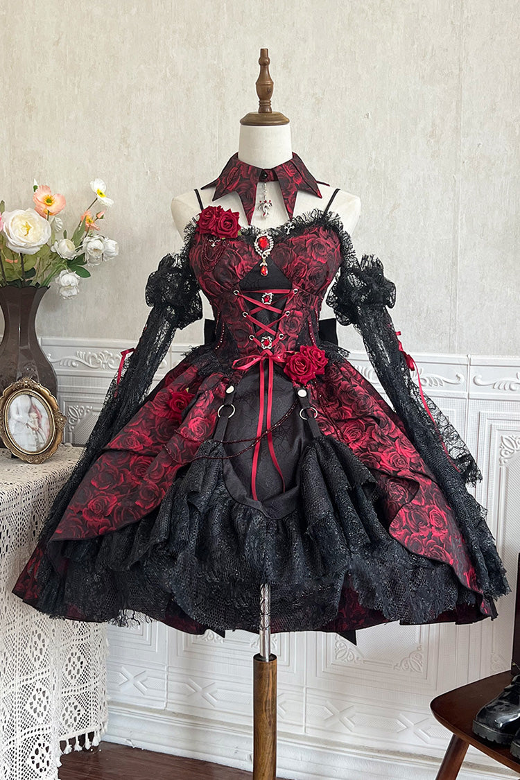 Crimson Rose Dish Ruffled Cardigan Bow Lace-Up Gothic Lolita Jumper Dress